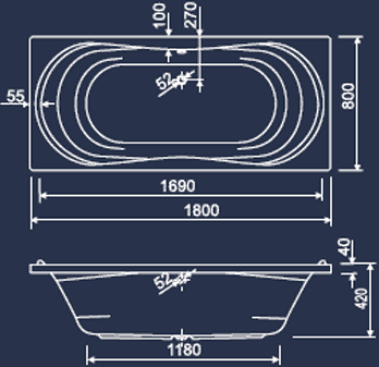 Double Ended Bath.  1800x800mm. technical image