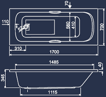 Aquamaxx Bath With Handles.  1700x700mm. technical image