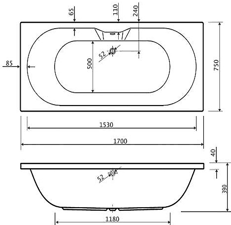 Eclipse Double Ended Whirlpool Bath. 24 Jets. 1700x750mm. technical image