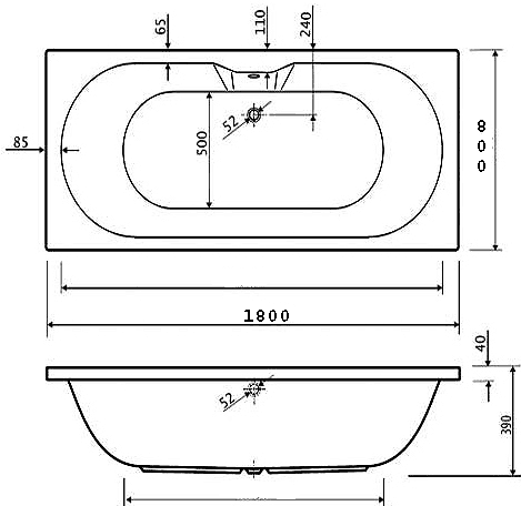 Eclipse Double Ended Whirlpool Bath. 24 Jets. 1800x800mm. technical image