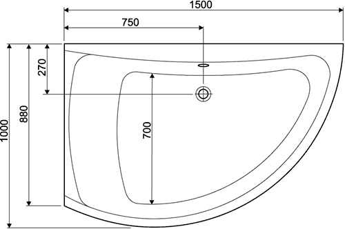 Corner Whirlpool Bath, 8 Jets. Left Handed. 1500x1000mm. technical image