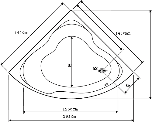 Corner Whirlpool Bath. 8 Jets. 1400x1400mm. technical image