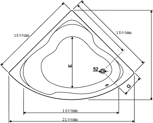 Corner Turbo Whirlpool Bath. 14 Jets. 1500x1500mm. technical image