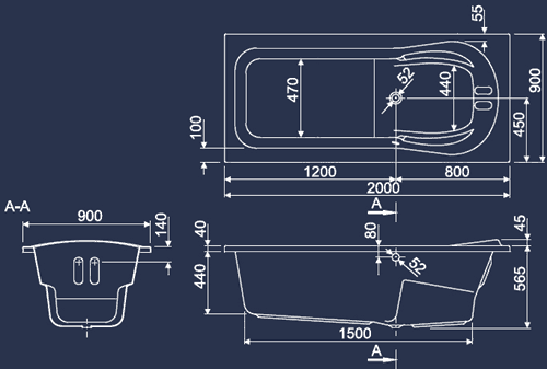 Large Whirlpool Bath. 14 Jets. 2000x900mm. technical image