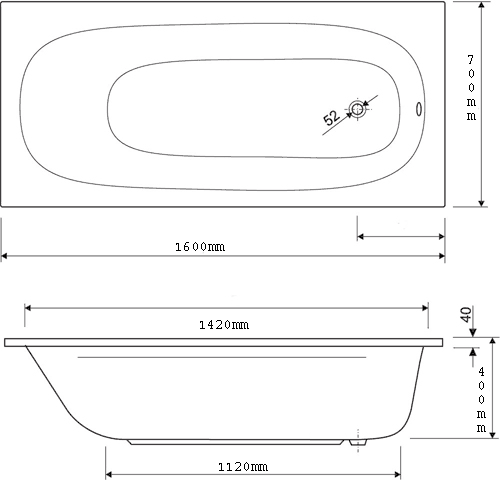 Aquamaxx Bath. 1600x700mm. technical image