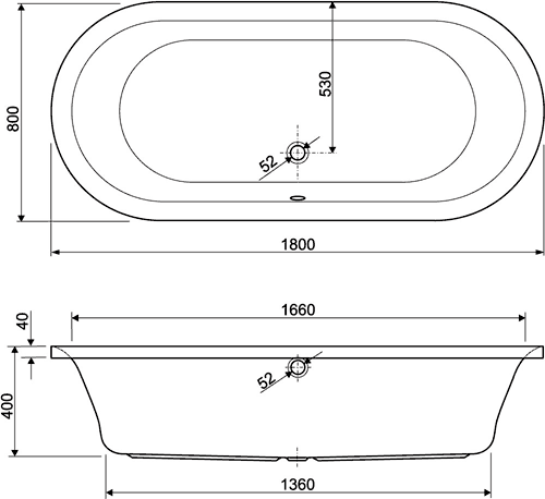 Double Ended Bath. 1800x800mm. technical image