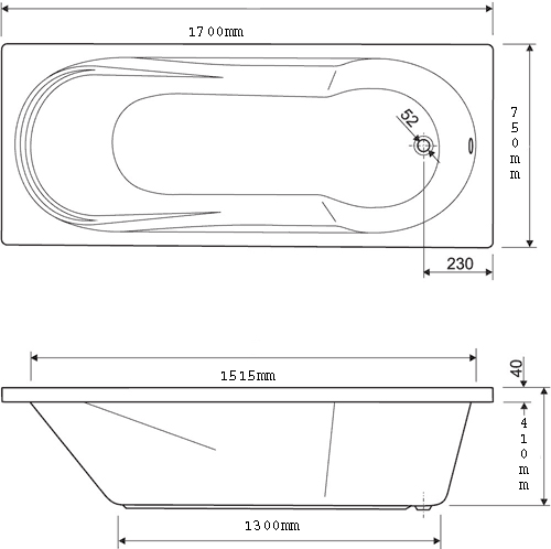 Aquamaxx Whirlpool Bath. 6 Jets. 1700x750mm. technical image