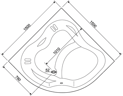 Large Corner Whirlpool Bath. 14 Jets. 1500x1500mm. technical image