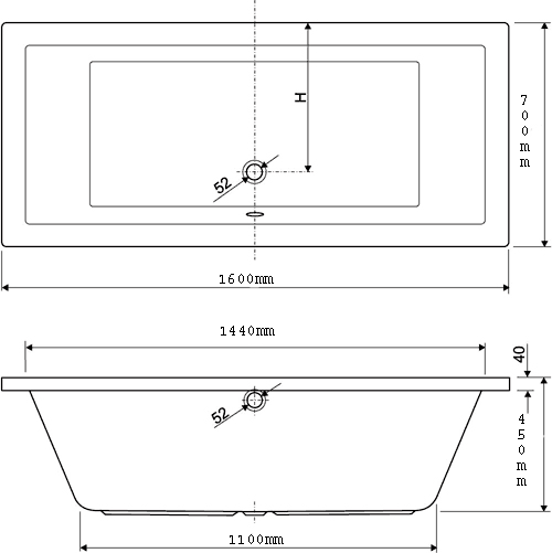 Double Ended Turbo Whirlpool Bath. 14 Jets. 1600x700mm. technical image