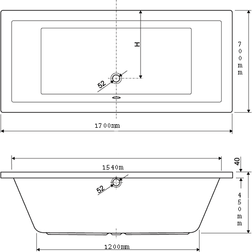 Double Ended Whirlpool Bath. 8 Jets. 1700x700mm. technical image