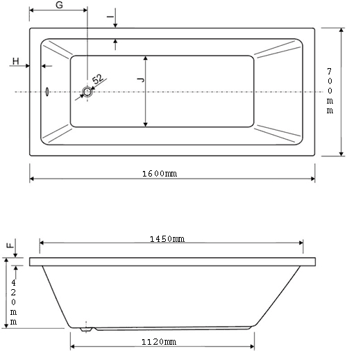 Bath.  1600x700mm. technical image