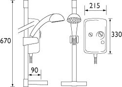 10.4Kw Electric Shower With Riser Rail Kit In White. technical image