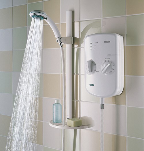 8.5Kw Evo Electric Shower With Riser Rail Kit In White. technical image