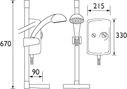 8.5Kw Evo Electric Shower With Riser Rail Kit In White. technical image