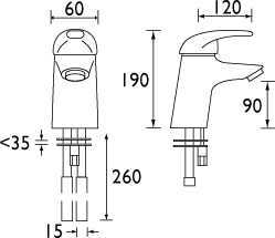 One Tap Hole Bath Filler Tap (Chrome). technical image