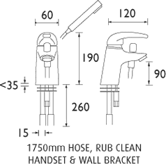 One Tap Hole Bath Shower Mixer Tap With Shower Kit (Chrome). technical image