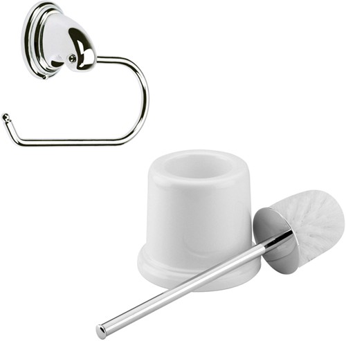 Toilet Brush & Toilet Roll Holder Set (Chrome & White). technical image