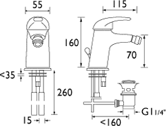 Mono Bidet Mixer Tap With Pop Up Waste (Chrome). technical image