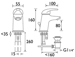Eco-Click Mono Basin Mixer Tap With Pop Up Waste (Chrome). technical image