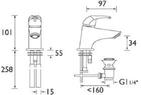Miniature Mono Basin Mixer Tap With Pop Up Waste (Chrome). technical image