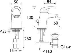 Mini Mono Basin Mixer Tap With Pop Up Waste (Chrome). technical image
