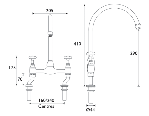Bridge Sink Mixer Tap, Chrome Plated. technical image