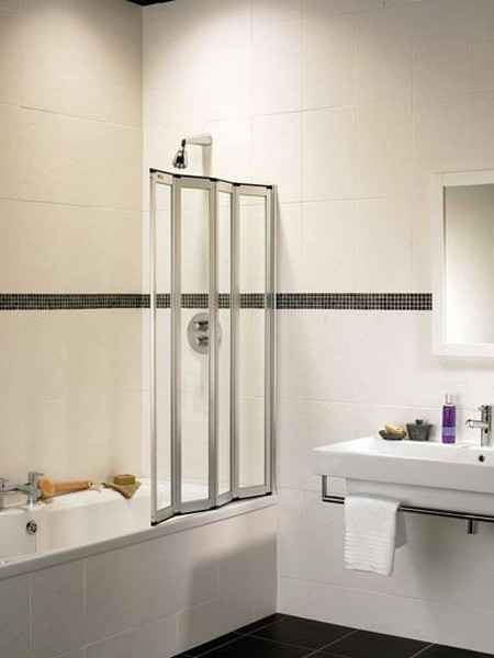 Coral silver folding bath screen with 4 folds. technical image