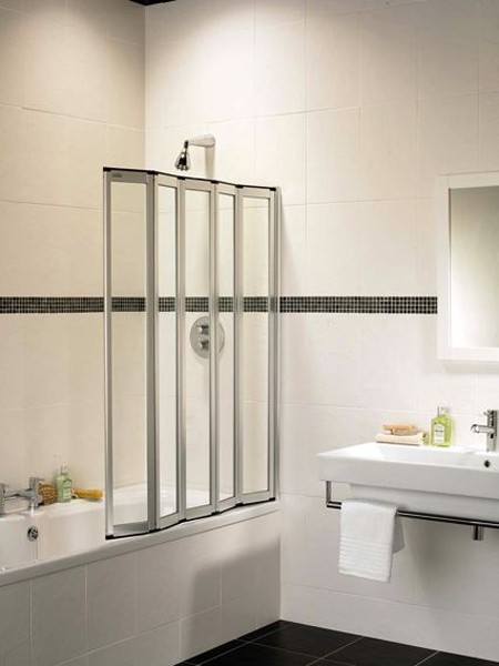 Coral silver folding bath screen with 5 folds. technical image