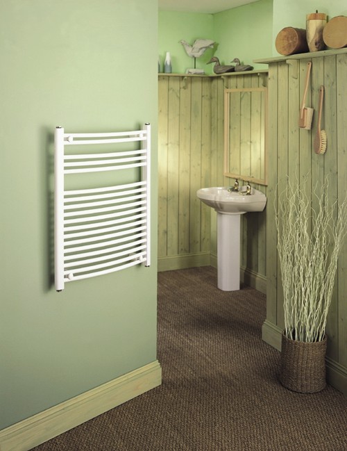 White Curved Multi-Rail Towel Radiator.  500x1500mm.  2424 BTU. technical image