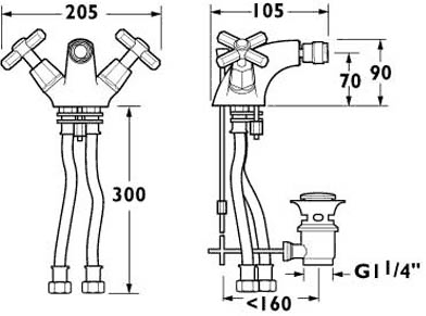 Mono Bidet Mixer Tap With Pop Up Waste (Gold). technical image