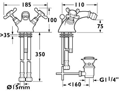 Mono Bidet Mixer Tap With Pop Up Waste (Chrome). technical image