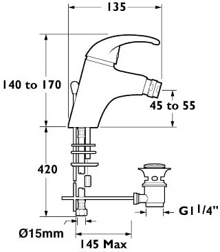 Mono Bidet Mixer Tap With Pop Up Waste. technical image