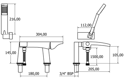 Bath Shower Mixer Tap With Shower Kit (Black Handle). technical image