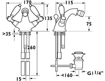 Mono Bidet Mixer Tap With Pop Up Waste (Gold). technical image