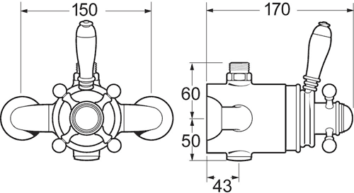 TMV2 Thermostatic Exposed Shower Valve (Chrome). technical image
