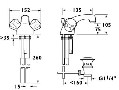 Water Saving Monoblock Basin Mixer Tap + Pop-up Waste. technical image