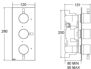 1/2" Triple Concealed Thermostatic Shower Valve (Chrome). technical image