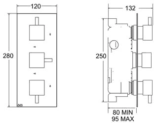 1/2" Triple Concealed Thermostatic Shower Valve (Chrome). technical image