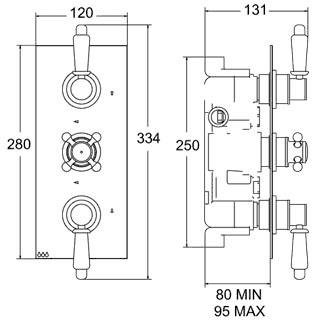 1/2" Triple Concealed Thermostatic Shower Valve (Chrome). technical image