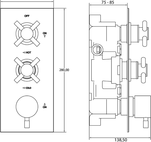 Thermostatic TMV2 1/2" Triple Concealed Shower Valve (Chrome). technical image
