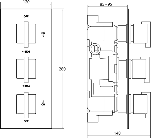 Thermostatic TMV2 1/2" Triple Concealed Shower Valve (Chrome). technical image