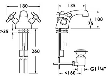 Mono Basin Mixer Tap With Pop Up Waste (Gold). technical image