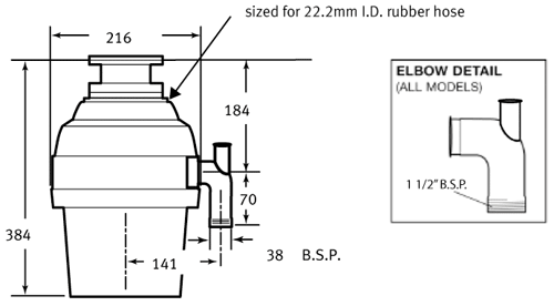 Turbo WD751 Continuous Feed Waste Disposal Unit. technical image