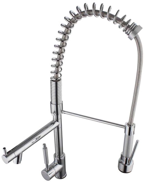 Professional kitchen tap with rinser and swivel spout. 750mm High. technical image