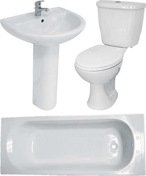 Bathroom Suite With Toilet, Basin, Pedestal & Bath (2 Tap Hole Bath). technical image