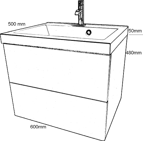 Wall Hung Vanity Unit With Drawers & Basin (Harlow White), 600x500mm technical image