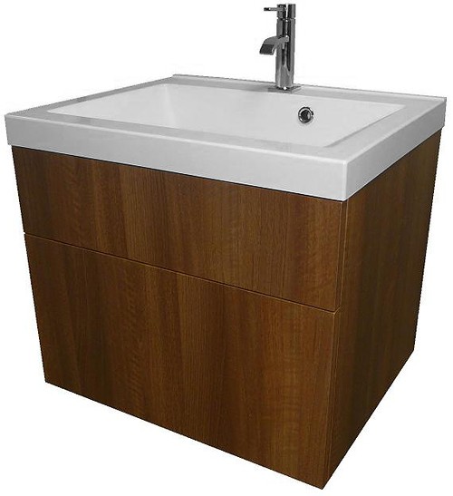 Wall Hung Vanity Unit With Drawer & Basin (Light Walnut), 600x500mm. technical image