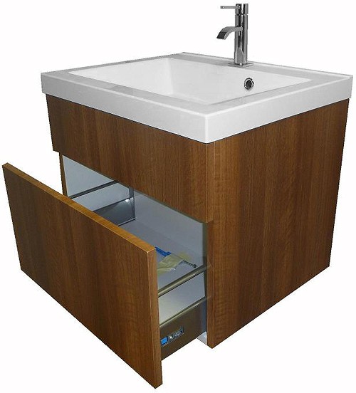 Wall Hung Vanity Unit With Drawer & Basin (Light Walnut), 600x500mm. technical image