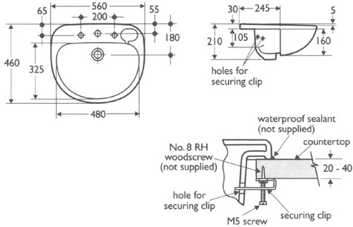 1 Tap Hole Semi Recess Basin. 560mm. technical image
