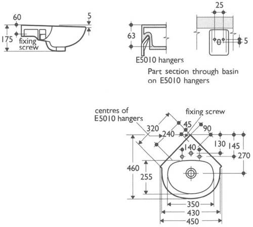 1 Tap Hole Corner Basin. 450mm. technical image